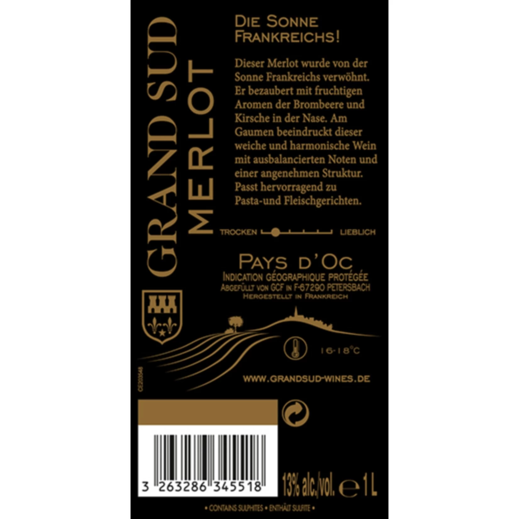 Grand Sud Merlot Pays D'Oc IGP 13,0 % Vol 1 Liter – Bild 2