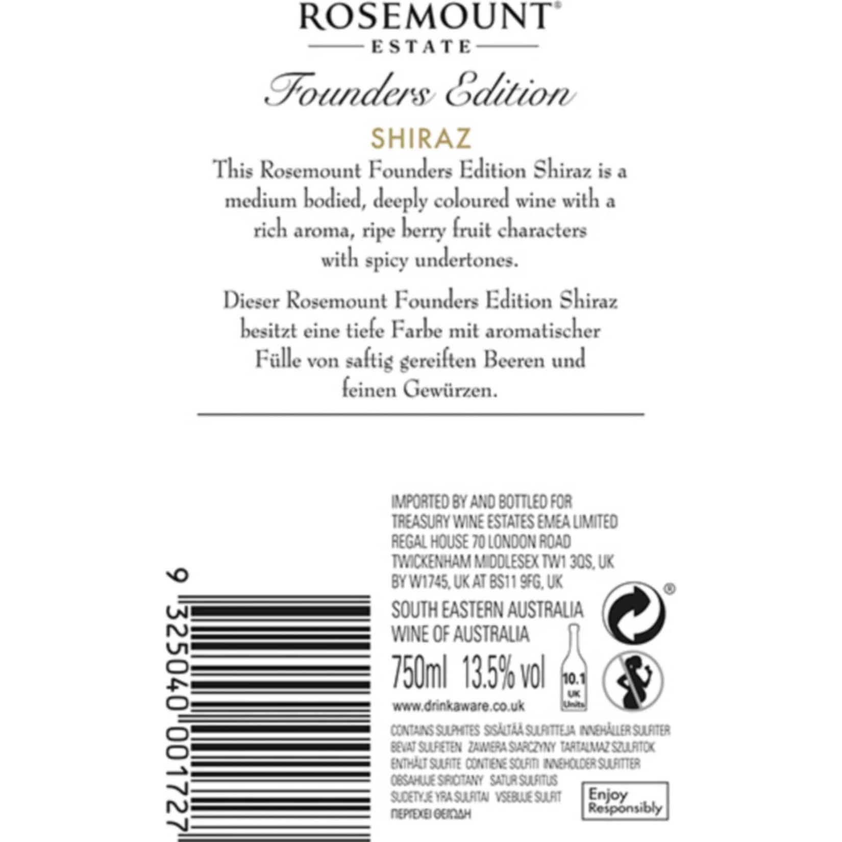 Rosemount Estate Founders Edition Shiraz South Eastern Australia 13,5 % Vol 0,75 Liter – Bild 2